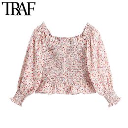 TRAF Women Sweet Fashion Floral Print Smocked Cropped Blouses Vintage Elastic Neck Ruffled Female Shirts Chic Tops 210415