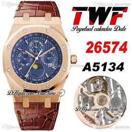 TWF 41mm 26574 Complicated Function A5134 Automatic Mens Watch Moon Phase Roes Gold Blue Texture Dial Brown Leather Strap Super Edition PTPA New 2021 Puretime C3