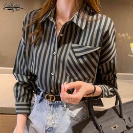Spring Button Casual Blouses Plus Size Loose Shirts Tops Female Office Lady Striped Chiffon Blouse Shirt Women Blusas 13018 210521