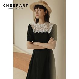 Vintage Hofn Patchwork Lace Tunic Long Midi Dress Women Puff Sleeve Summer Short A Line Ladies Clothing 210427