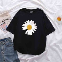 Daisy printed women's cotton large size loose short-sleeved t shirt unisex mid-length Tops soft summer T-shirt 210623