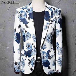 Stylish Blue Floral Print White Blazer Men Brand One Button Slim Wedding Party Festival Mens Blazer Jacket Costume Homme 210522