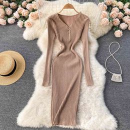 SINGREINY Autumn Winter Sweater Dress Women Zipper V Neck Long Sleeve Solid Elastic Slim Dresses Sexy Bodycon Knitted Dress New Y220214
