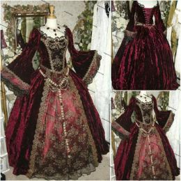 Vintage Burgunder Brautkleider Brautkleid mit langen Poet-Ärmeln U-Ausschnitt A-Linie Tüll-Spitze-Applikation bodenlang Vestidos de259L