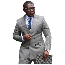 Grey Double Breasted Wedding Suits for Men 2 Piece Slim Fit Business African Male Jacket with Pants Fashion Costume Groom Tuxedo X0909