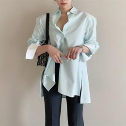 OL Elegant Shirt Autumn Fashion Career Lapel Stitching Colour Long Sleeve Loose Blouses Oversized Woman Clothes 210421