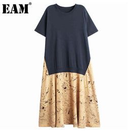 [EAM] Women Blue Big Size Spliced Pleated Print Dress Round Neck Short Sleeve Loose Fit Fashion Spring Summer 1DD7241 21512