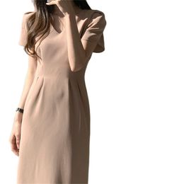 chic temperament v-neck fashion dress female slim slimming pleated waist mid-length short-sleeved elegant 210520
