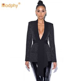Autumn Fashion Women's Black Slim Jacket Sexy V-neck Long Sleeve Diamond Lace-Up Celebrity Runway Party Coat Clothing 210527
