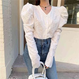 Shirt Female Bubble Long sleeve V-neck Lace Top Solid Stand Collar Ladies Tops Women Shirts Blusas Feminine shirt 227G 210420