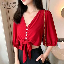 Korean Style Solid Short Chiffon Top Summer Half Women Blouse Streetwear Lantern Sleeve Shirt Women's 9056 50 210415