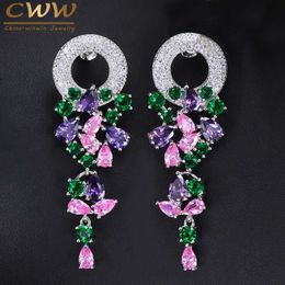 Fashion Laides Costume Jewelry Silver Color Beautiful Long Dangle Drop Multicolored CZ Earrings for Women CZ096 210714