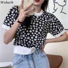 Woherb Summer Korean Fashion Thin Knitted T Shirt Women Floral Print Vintage Tops Crew Neck Short Sleeve Knitwear T-shirts 210623