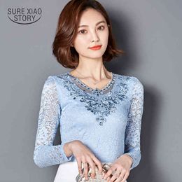 Women Hollow out Crochet Diamond Lace Shirt Sexy Chiffon Blouse Plus Size Elegant Long sleeve Woman Blusas 918B 25 210521