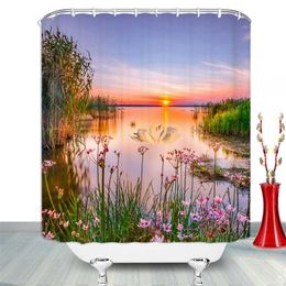 Sunset Dusk River Scenery Shower Curtain Plant Flower Tree Forest Waterfall Spring Summer Landscape Home Decor Bathroom Curtains 211116