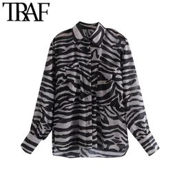 TRAF Women Fashion Semi-Sheer Zebra Print Loose Blouses Vintage Long Sleeve Pockets Female Shirts Blusas Chic Tops 210415