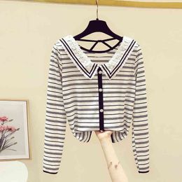 Women's Long Sleeves Lace Turn Down Collar Stripe T-Shirt Tee Autumn Girls Pullover Casual Tops Tees A4166 210428