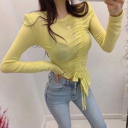 WOMENGAGA Korean T-shirt Irregular Asymmetric Drawstring Thin Slim Long Sleeve Tops Summer Top Fold Sexy Women EEP7 210603