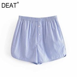 [DEAT] Fashion Women Shorts Loose High Waist Button Pockets Stripe Female Casual Short Pants Spring 13C368 210527