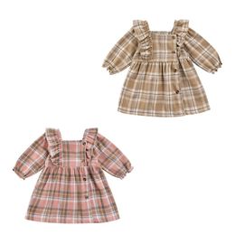 Girl's Dresses 2021 Baby Girls Autumn Dress Plaid Square-Neck Long Sleeve Button-Open Casual Skirt For Kids 9M-3Y Pink/Khaki