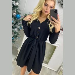 Women Elegant A Line Sashes Mini Dress V-neck Front Buttons Fashion Women Dress Long Sleeve Solid Color Autumn New Casual Dress 210412