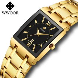 Wwoor Fashion Square Mens Relógios Top Marca Luxo Gold Black Quartz Watch Homens Esporte Impermeável Auto Data Relogio Masculino 210527