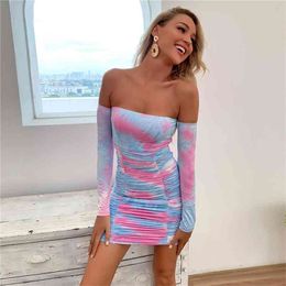 Sexy Dresses Women Tie Dye Autumn Long Sleeve Off Shoulder Pleated Female Mini Club Vestidos De Mujer Para Vernao 210515