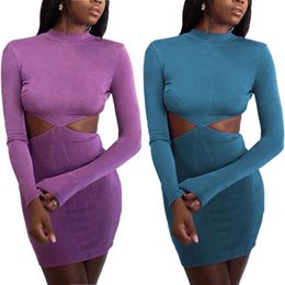 Casual Dresses 2021 Women Sexy Tie-up Dress Adults Backless Solid Color Round Neck Long Sleeve Cutout 2 Colors