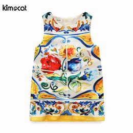 Kimocat Autumn Spring Girl Kids Dress Long Sleeve Children's Clothing Dresses Baby Casual Style Digital print Coloured vest dress Q0716