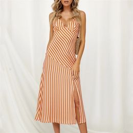 Striped casual midi dress summer women split holiday boho beach vestidos sun 210427