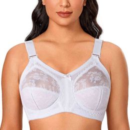 White Big Minimizer Bras Plus Size Lace Bra Women Unlined Full Coverage Ultra Thin Wireless Adjusted-straps D E F G H I 211217