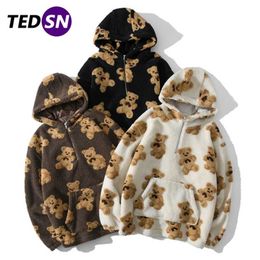 TEDSN Hip Hop Lambswool Jacket Bear Print Pullover Hooded Hoodies Men Harajuku Streetwear Oversized Couple Coat Outwear Winter 211214