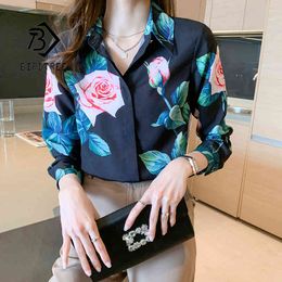 Spring Women's Korean Floral Satin Shirts Long Sleeve Turn-down Collar All-math Office Elegant Single Breasted Lady Tops T13419X 210416