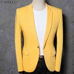Men's Slim Fit One Button Casual Blazer Jacket Spring Party Holiday Wedding College Suit Jacket for Male Youth Yellow 210522
