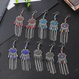 Retro Lock Pendant Silver Chain Tassel Earring Brincos Women Jewellery Rhinestone Long Dangle Earrings Bohemian Ethnic Boho Jewelry