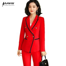 Naviu Fashion white Temperament Ladies Suit Retro Double-Breasted Coordinates Blazer and Pants OL Professional Wear 210604