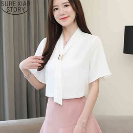 Korean Solid Elegant Women Tie Collar Short Sleeve Blusas Mujer De Moda Womens Tops and Blouses White Shirt 8908 50 210417