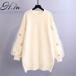 Women Long Winter Knitted Sweater Dress Embroidery Gauze Pullovers Kawaii Cute Jumpers Tops 210430