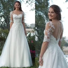 Gorgeous Lace Applique Wedding Dresses Bridal Gown 1/2 Half Sleeves Tulle Covered Back Scoop Neck Sweep Train Custom Made Beach vestidos de novia 2022