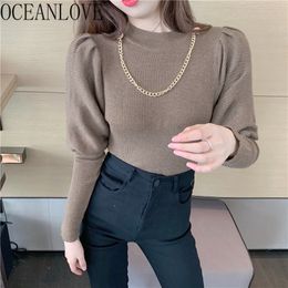 Puff Sleeve Women Sweaters Solid Chains Korean Chic Slim Sexy Knit Wear Ropa Mujer Autumn Winter Pull Femme 19031 210415