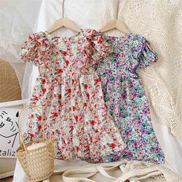 Girl Dress Summer Pastoral Style Puff Sleeve Floral Printed Sweet Princess Toddler Kid Clothes 210528
