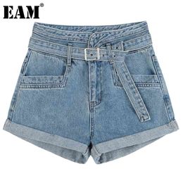 [EAM] Women Blue Bandage Casual Wide Leg Shorts High Waist Loose Fit Trousers Fashion Spring Summer 1DD8967 210512