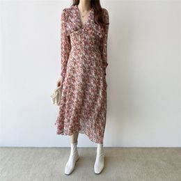 Sexy Summer Office Lady Retro Vintage Women Elegance Chic All Match Chiffon Casual Florals Dresses 210421