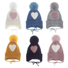 Winter Baby Kids Knitted Hat Wool Ball Heart Children Earmuff Warm Beanies Caps Hats