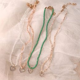 Korea Summer Fashion Aesthetic Handmade Transparent String Beaded Crystal Heart Chain Short Choker Necklace For Women Jewelry