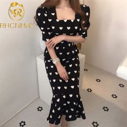 Summer Love Heart Print Dress Women Fashion Square Collar Short Sleeve Ladies Vestidos Elegant Slim Waist Mermaid Dresses 210506