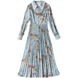 Spring Summer Fashion Designer Single-Breasted Shirt Dress Women Vintage Lace Patchwork Floral Print Pleated Midi Dresses 210416