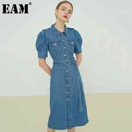 [EAM] Women Blue Denim Bandage Long Dress Lapel Short Puff Sleeve Loose Fit Fashion Spring Summer 1DD8721 21512