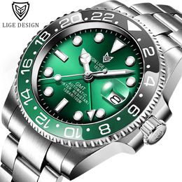 2020 New Sports Mechanical Wristwatch Stainless Steel 100atm Waterproof Diving Gmt Watch Lige Top Brand Men Watches Reloj Hombre Q0524