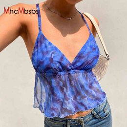 Y2K Blue Wave Print Mesh E Girl Crop Top Women Backless Cross Lace Up Beach Outfits Deep V Neck Sexy Harajuku Tanks Camis 210517